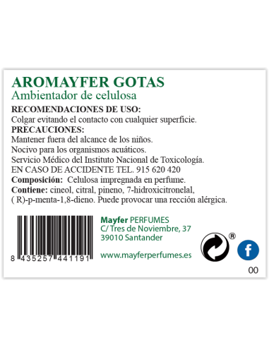 etiqueta composicion ambientador celulosa gotas de mayfer